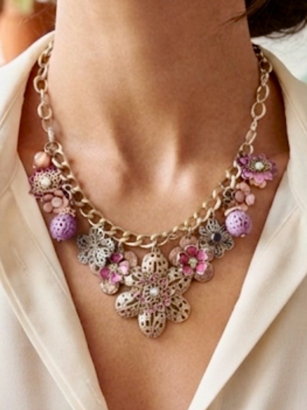 Dress Barn Gold-Tone Necklace with Pink Floral Charms